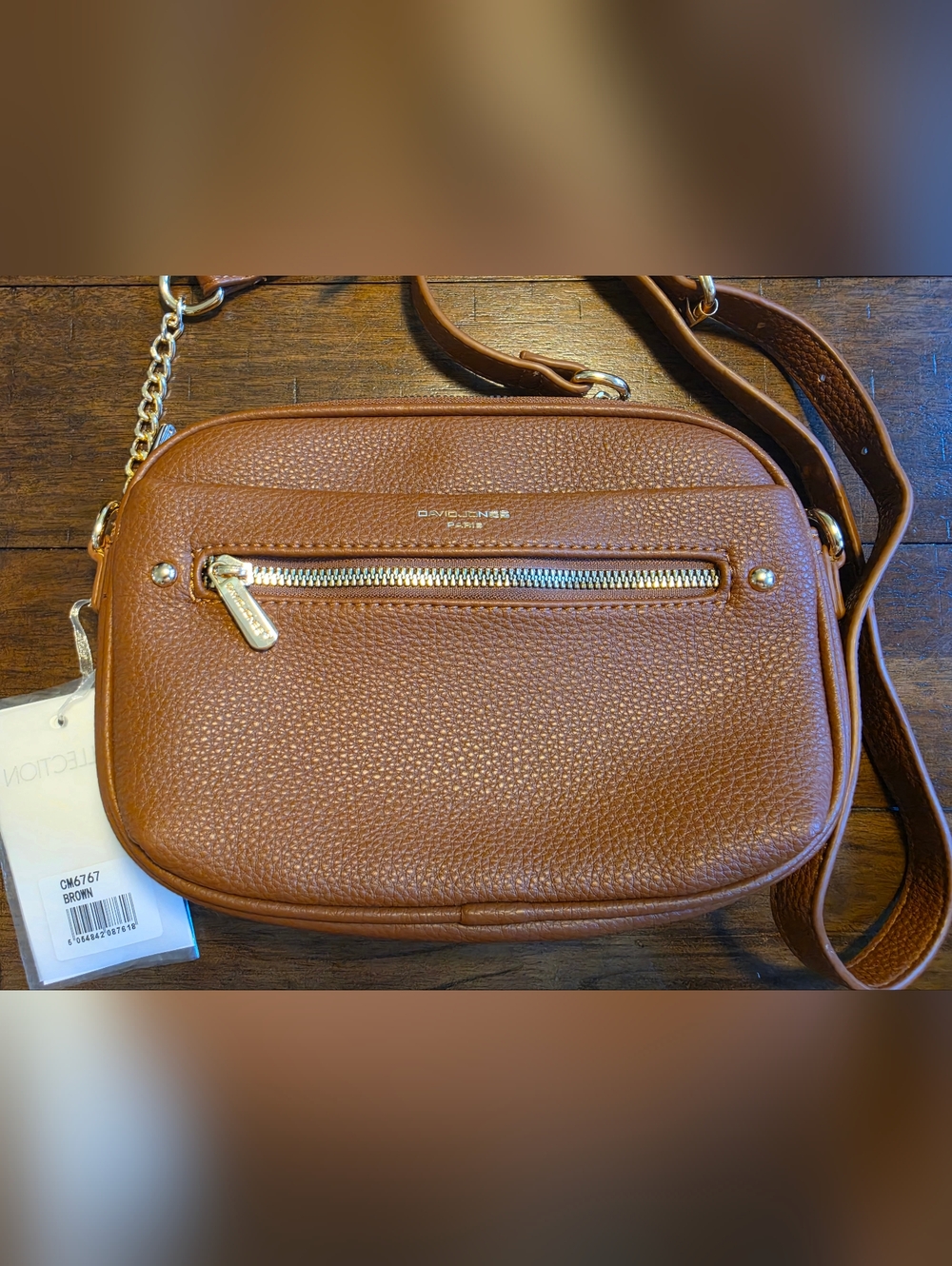 NWT David Jones Paris Brown Pebbled Crossbody with Gold Hardware